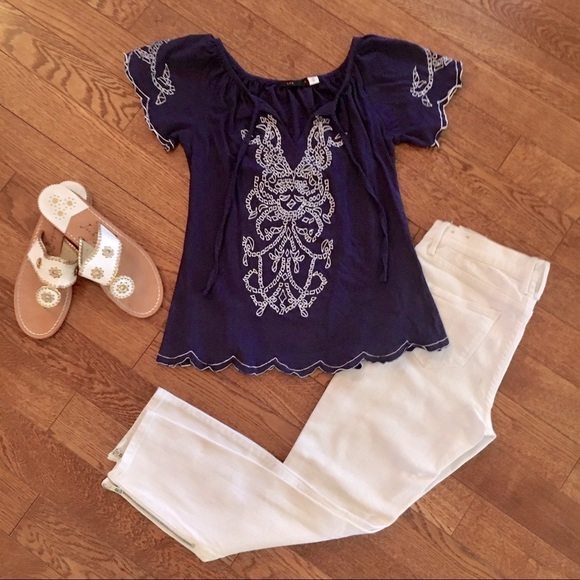 Urban Outfitters Tops - Ecote navy embroidered peasant top sz S
